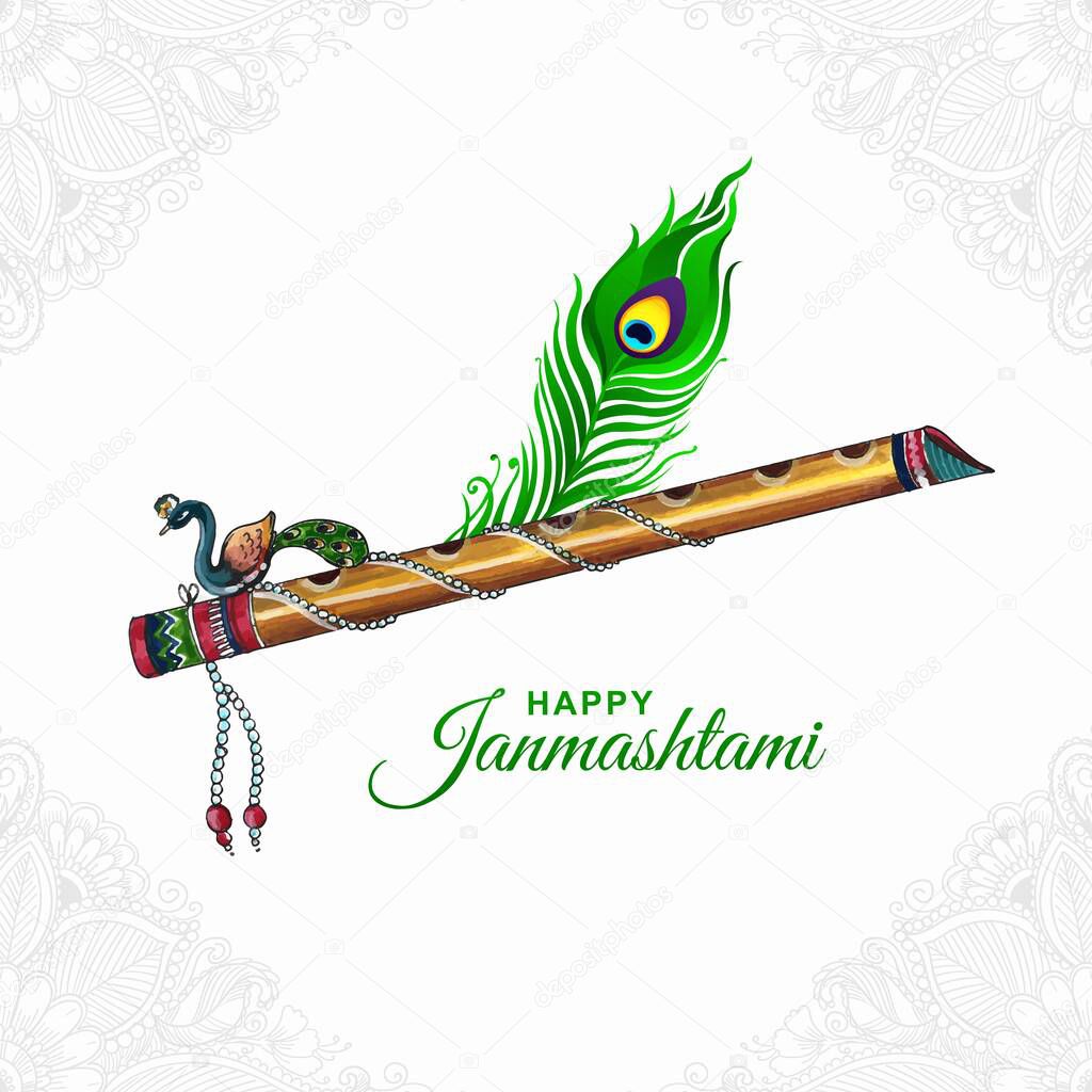 Beautiful lord krishna flute and peacock feather for janmashtami festival card background