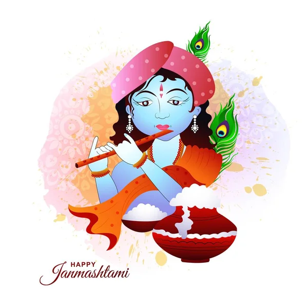 Happy Janmashtami Festival India Lord Krishna Playing Bansuri Background — Vector de stock
