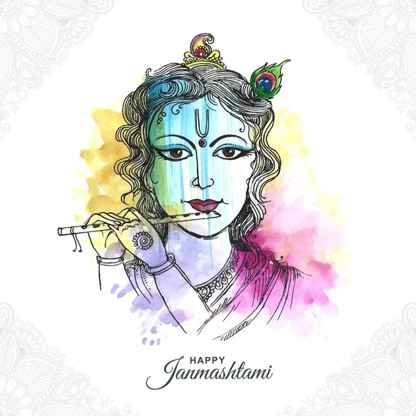 Lord Krishna Playing Bansuri Happy Janmashtami Holiday Artistic Background — Archivo Imágenes Vectoriales