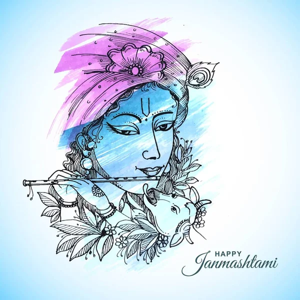 Hand Draw Sketch Lord Krishna Happy Janmashtami Festival Card Background — 图库矢量图片