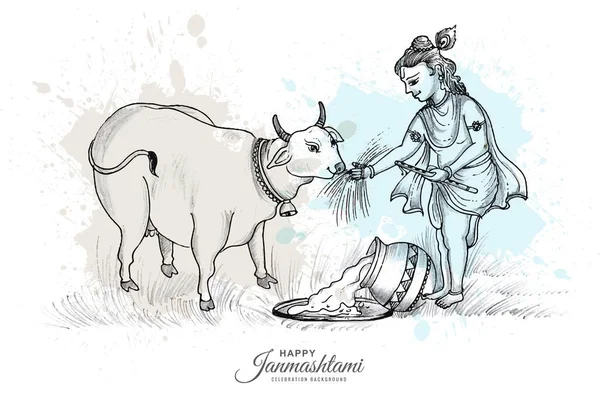 Hand Draw Sketch Lord Krishna Happy Janmashtami Festival Card Background — Vettoriale Stock