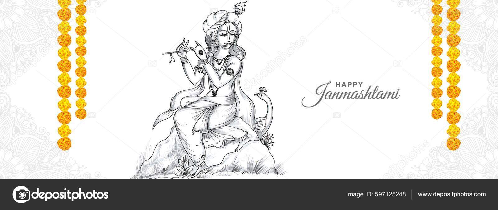 Happy Janmashtami festival holiday - Lord Krishna playing bansuri (flute)  with Radha rani, Hand Drawn Sketch colorful Vector illustration. Stock  Vector | Adobe Stock