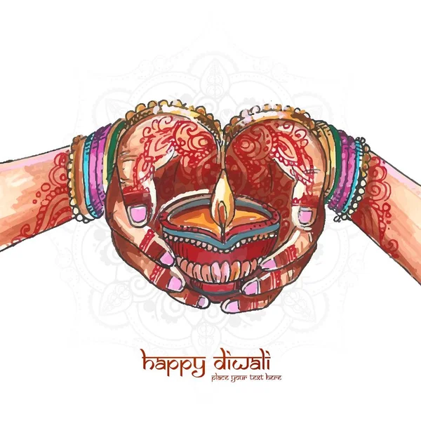 Krásná Ruka Drží Akvarel Pro Indické Olejové Lampy Diwali Festival — Stockový vektor
