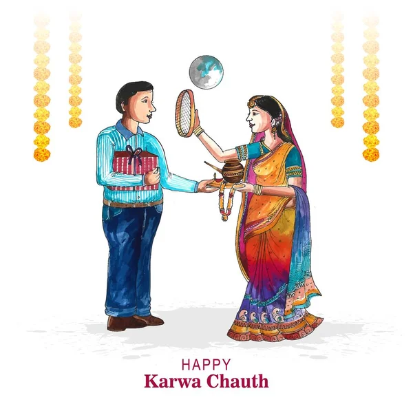 Tarjeta Del Festival Karwa Chauth Con Fondo Tarjeta Celebración India — Vector de stock