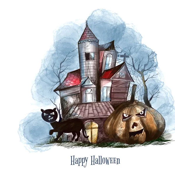 Halloween Assustador Casa Ilustração Abóbora Fundo — Vetor de Stock
