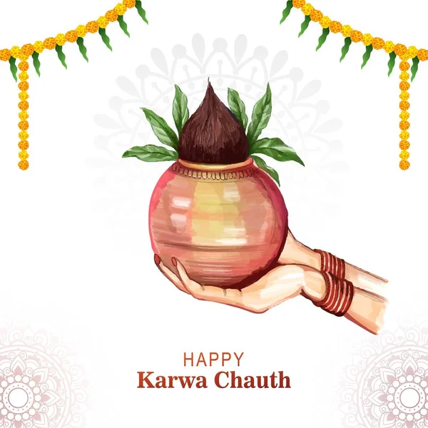 Mujer India Sosteniendo Kalash Mano Para Festival Fondo Karwa Chauth — Vector de stock