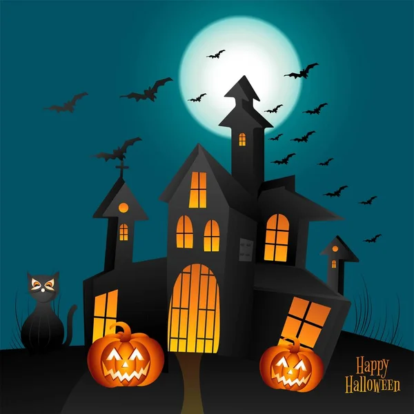 Halloween Abóboras Assustador Assombrado Casa Com Luar Fundo — Vetor de Stock