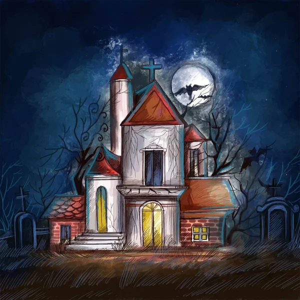 Oscura Casa Embrujada Halloween Con Fondo Lunar — Vector de stock