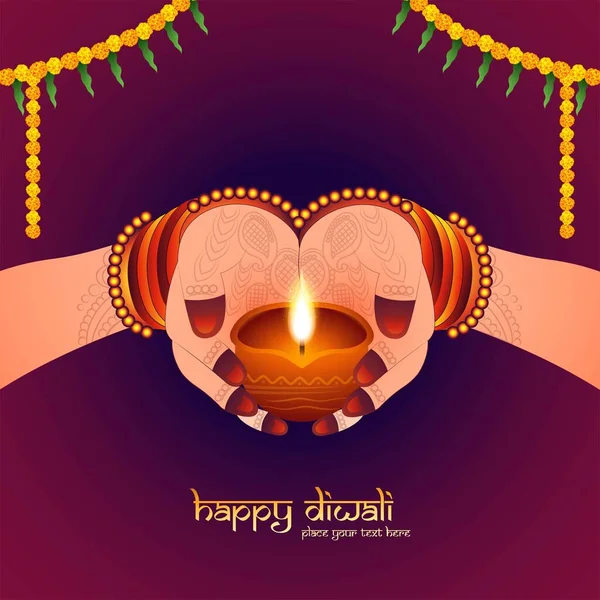 Beautiful Hand Holding Illustration Indian Oil Lamp Diwali Festival Background — Stock Vector