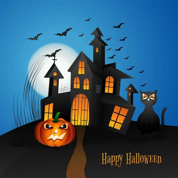 Halloween Abóbora Assustador Casa Assombrada Com Luar Fundo Azul — Vetor de Stock
