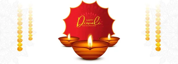 Bela Bandeira Feliz Diwali Com Fundo Cartão Diya Óleo Realista — Vetor de Stock