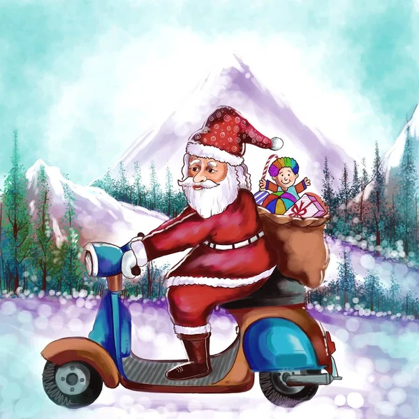 Wesołych Świąt Szczęśliwego Nowego Roku Kartka Pozdrowieniami Mikołajem Jazdy Tle — Wektor stockowy