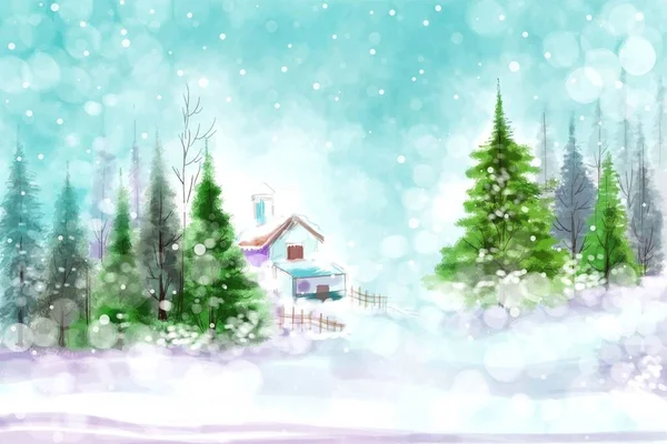 Impressionantes Árvores Natal Paisagem Inverno Com Fundo Cartão Neve — Vetor de Stock