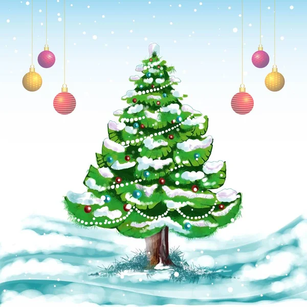 Árvore Natal Realista Com Fundo Cartão Neve — Vetor de Stock