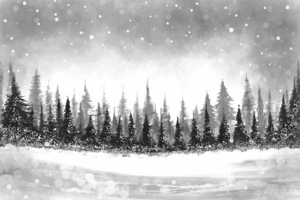 Paisaje Para Árbol Forestal Invierno Año Nuevo Vacaciones Navidad Tarjeta — Archivo Imágenes Vectoriales