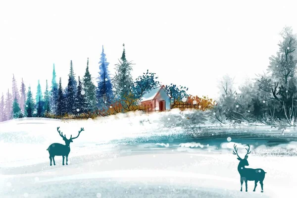 Paysage Hiver Avec Chute Neige Noël Fond Carte Vacances Arbre — Image vectorielle