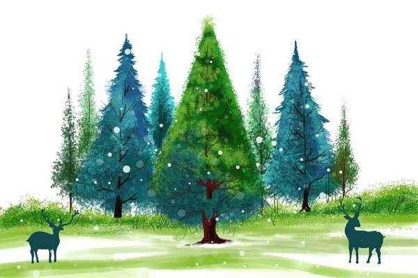 Εντυπωσιακά Χριστουγεννιάτικα Δέντρα Στο Χειμερινό Τοπίο Φόντο Κάρτα Χιονιού — Διανυσματικό Αρχείο