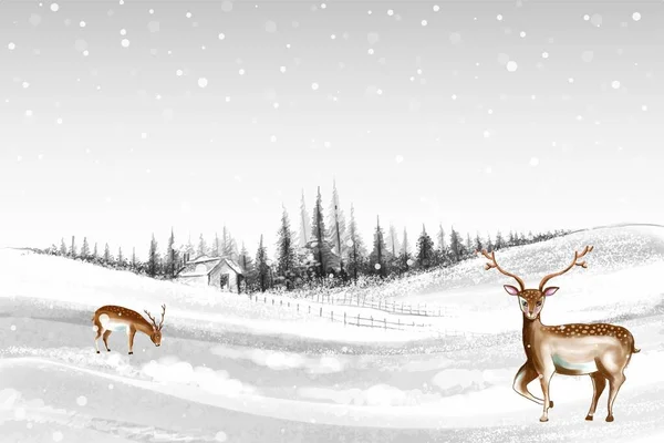 Новый Год Рождественская Елка Зимний Пейзаж Фоне Оленей — стоковый вектор