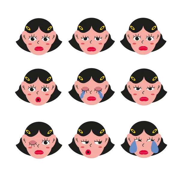 Personaje Vector Facial Retrato Niña Con Diferentes Expresiones Faciales Aisladas — Vector de stock