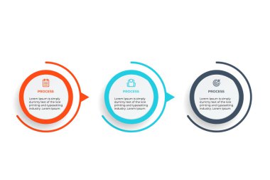 İş verisi görselleştirmesi. İşlem çizelgesi. Grafiğin soyut ögeleri, basamaklı diyagram, 3 seçenekli bilgi şablonu. Vektör illüstrasyonu.