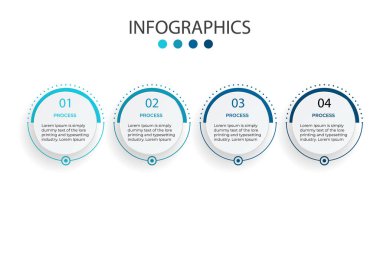 İş verisi görselleştirmesi. İşlem çizelgesi. Grafiğin soyut ögeleri, basamaklı diyagram, 4 seçenekli bilgi şablonu. Vektör illüstrasyonu.