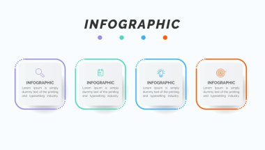 İş verisi görselleştirmesi. İşlem çizelgesi. Grafiğin soyut unsurları, 4 aşamalı diyagram, seçenekler, parçalar veya süreçler. Vektör iş şablonu bilgisel