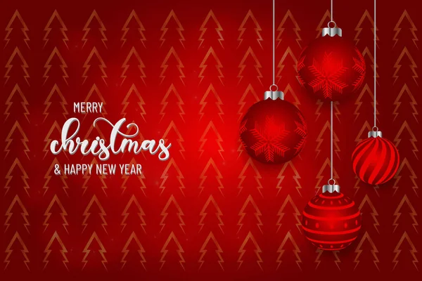 Merry Christmas New Year Typographical Red Background Winter Landscape Horizontal — 스톡 벡터