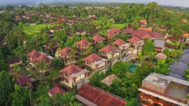 Bali, Ubud 'daki küçük bir köyün 4k hava görüntüsü.