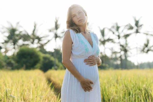 Pregnant Woman Stand Field Green Grass Embrace Her Belly Sunshine Stock Image