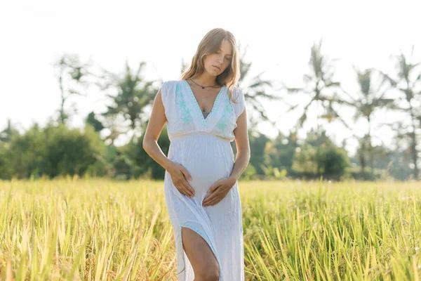 Pregnant Woman Stand Field Green Grass Embrace Her Belly Sunshine Royalty Free Stock Images