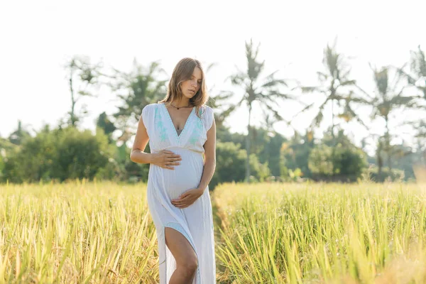 Pregnant Woman Stand Field Green Grass Embrace Her Belly Sunshine Stock Picture