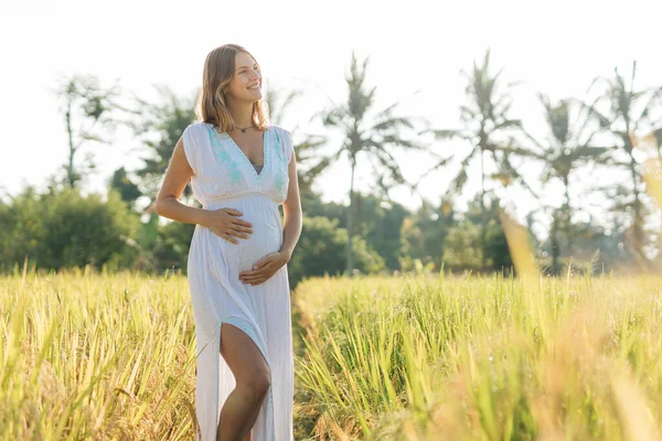 Mujer Embarazada Pie Campo Con Hierba Verde Abrazar Vientre Sol Imagen de archivo