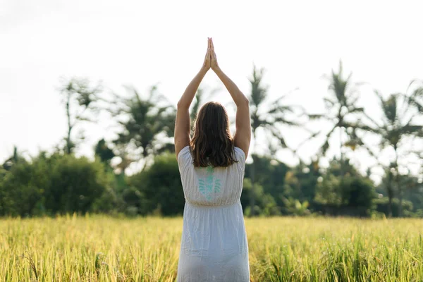 Pregnant Woman Stand Field Green Grass Fold Her Hands Pray Stock Photo