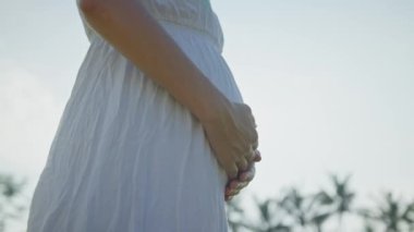 Hamile kadın yeşil çimlerle tarlada duruyor ve karnını kucaklıyor. Güneş ışığı yaz titreşimleri