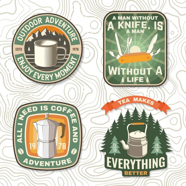 Set of travel inspirational quotes. Vector Concept for shirt or logo, print, stamp or tee. Design with retro camping tea kettle, pocket knife, geyser coffee maker, and mug silhouette. Camping quote. — Stock Vector