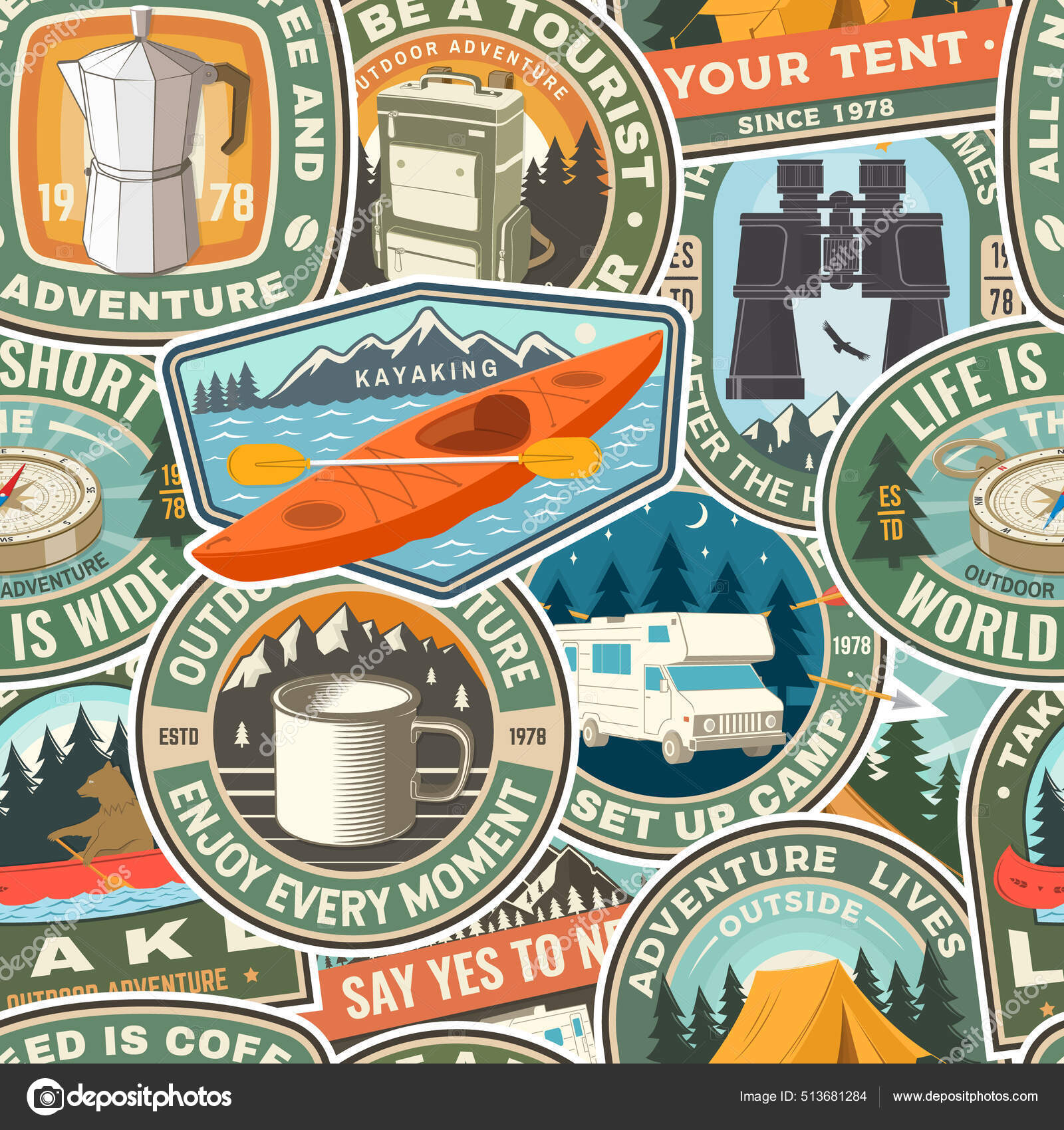 여름 캠프는 다채 로운 바 다 없는 패턴으로 여행에 영감을 주는 인용이 있다. 벡터 일러스트. 배경, 벽지, 솔기없는 무늬, 역으로 캠핑하는  차 주전자, 카약, 나침반, 배낭, 캠프파이어. 스톡 벡터 - ©serdiuk.igor.gmail.com 513681284, image size:1600x1700