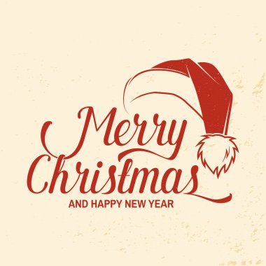 Mutlu Noeller ve mutlu yıllar damgası, Noel Baba kış şapkalı çıkartma. Xmas için Vector Vintage tipografi tasarımı, 2022 yılının retro tarzı amblemi. Noel Baba kırmızı şapka.