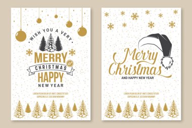 Size mutlu Noeller, afişler, el ilanları, orman manzaralı tebrik kartları ve Noel ağacı diliyorum. Vektör. Xmas için klasik tipografi tasarımı, geçmişe dönük yeni yıl amblemi.