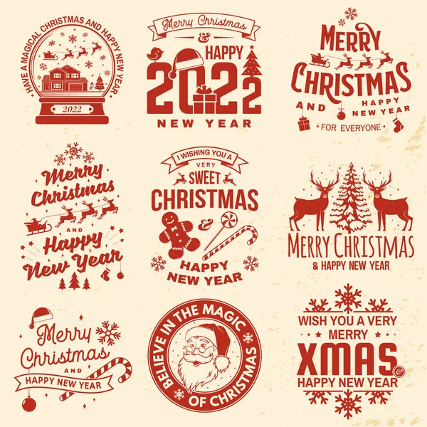 Set of Merry Christmas and Happy New Year stamp, sticker with elk, glasses of champagne, Catholic Church, christmas tree, sleigh with deer. Vector. Vintage design for xmas, new year emblem. — Stock Vector