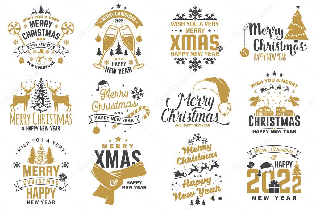 Set of Merry Christmas and 2022 Happy New Year stamp, sticker Set quotes with snowflakes, snowman, santa claus, candy, sweet candy, cookies. Vector. Vintage typography design for xmas, new year emblem