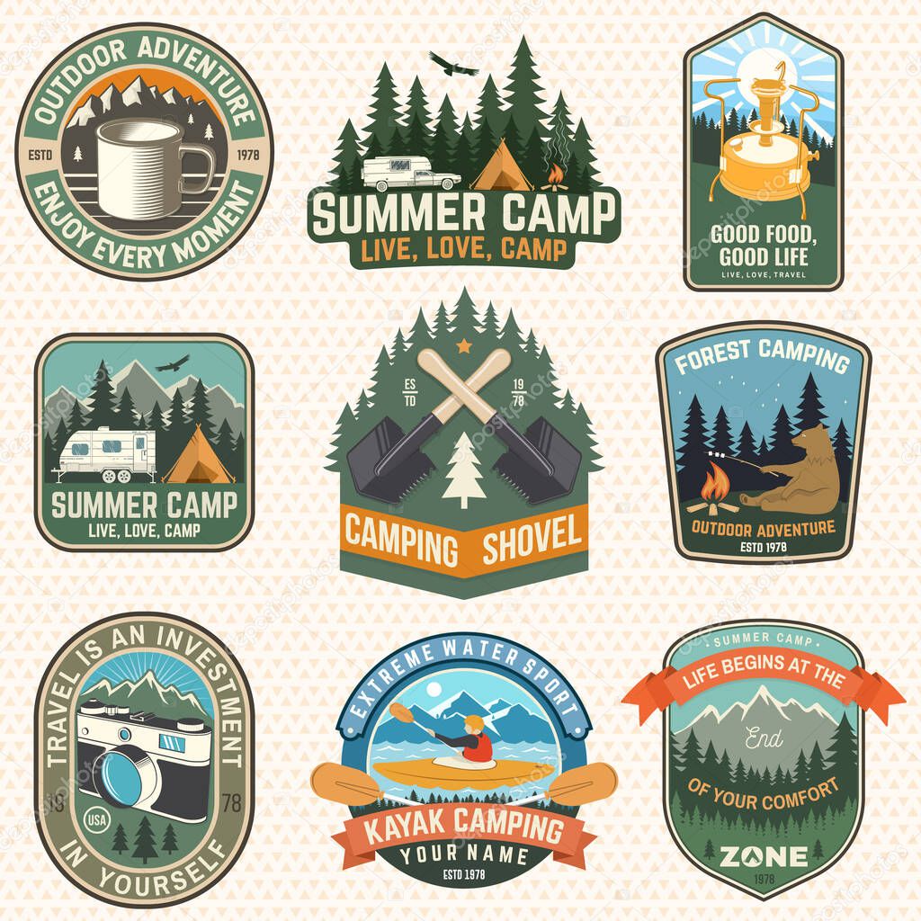 Set of Summer camp patches. Vector illustration. Concept for shirt or logo, print, stamp, badges or tee. Design with kayak, camping tent, primus, mug, campfire, mountains and forest silhouette