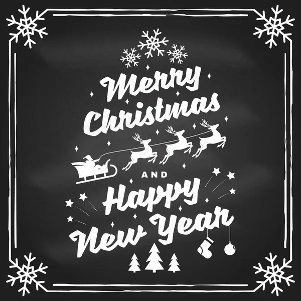 圣诞快乐，2022年新年快乐邮票，贴满天使的贴纸，雪橇上的圣爪，还有鹿肉和圣诞礼物。黑板上的向量。圣诞节的设计，复古风格的新年标志. — 图库矢量图片