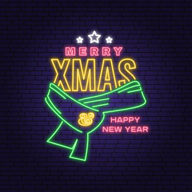 Mutlu Noeller ve Noel Baba 'nın kış eşarbıyla yeni yıl tabelası. Xmas için Vector Vintage tipografi tasarımı, 2022 yılının retro tarzı amblemi. Noel Baba kırmızı eşarp.