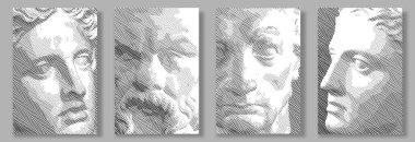 İşlenmiş antika bir yüz. Vektör çizimi. Posterler, afişler, afişler, kapaklar için dijital grafik, tarihi sanat eserleri, antik resimler. Vintage oyma. Alçı kafa..