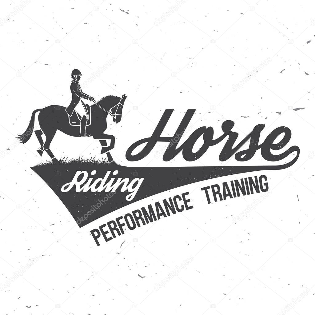 Horse racing sport club badges, patches, emblem, logo. Vector illustration. Vintage monochrome equestrian label with rider and horse silhouettes. Horseback riding sport. Concept for shirt or logo
