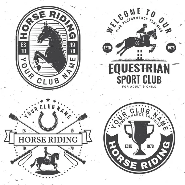 Set de insigne de curse de cai club de sport, patch-uri, emblemă, logo-ul. Ilustrație vectorială. Etichetă ecvestră monocrom de epocă cu siluete de călăreț și cal. Sportul de călărie. Concept pentru cămașă sau — Vector de stoc