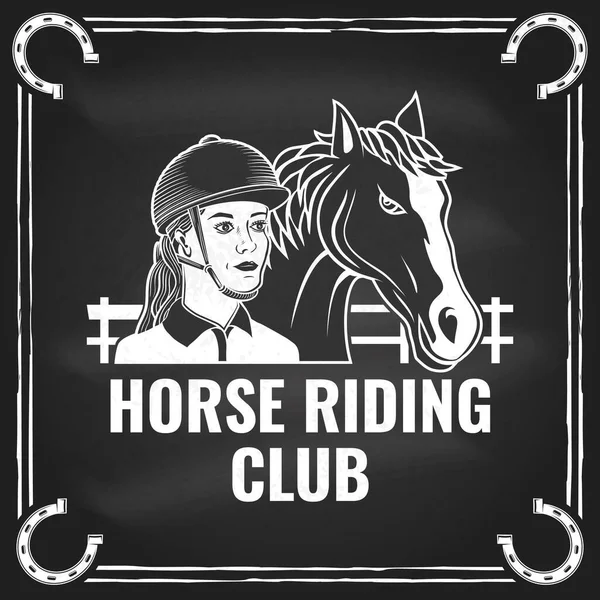 骑马运动俱乐部徽章，补丁，徽章，标志。矢量图解。古色古香的单色马术标志与骑手和马的轮廓。马背上的运动。衬衫或标志的概念 — 图库矢量图片