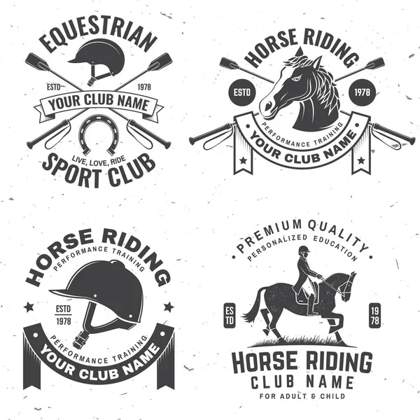 Set de insigne pentru cluburi sportive de echitatie, patch-uri, emblema, logo-ul. Ilustrație vectorială. Etichetă ecvestră monocrom de epocă cu siluete de călăreț și cal. Sportul de călărie. Concept pentru cămașă sau — Vector de stoc