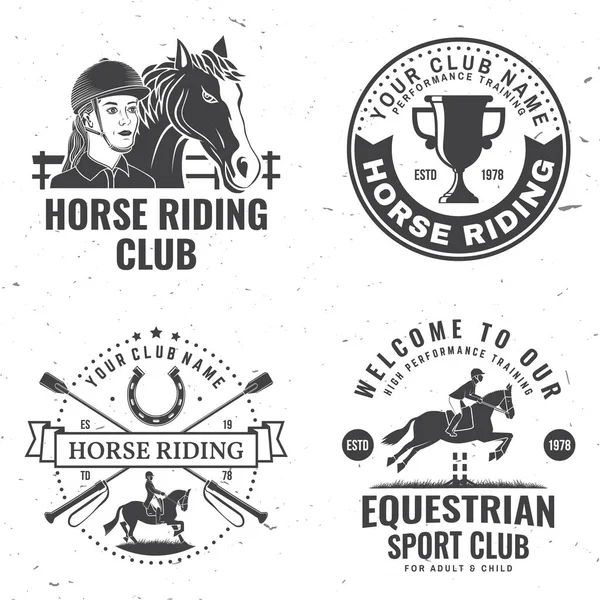 一套骑马运动俱乐部徽章,补丁,徽章,标志.矢量图解。古色古香的单色马术标志与骑手和马的轮廓。马背上的运动。衬衫或衣服的概念 — 图库矢量图片
