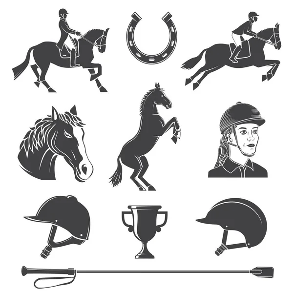 At biniciliği spor ikonu seti. Vektör çizimi. Klasik monokrom binicilik simgesi, binici, at nalı, miğfer, at kafası, kırbaç ve at silueti ile imzala — Stok Vektör